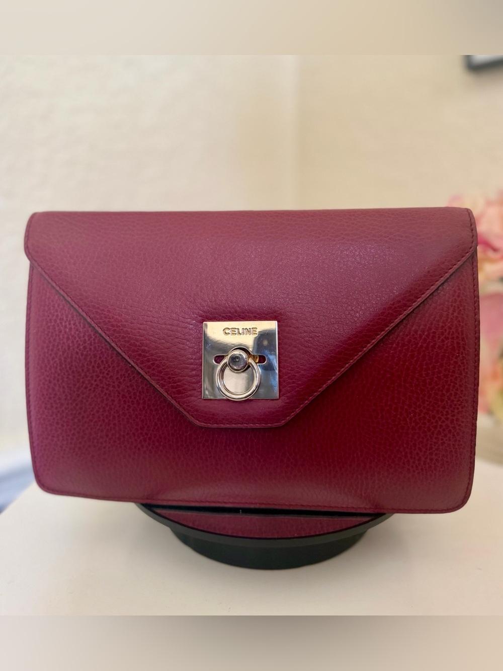 Celine Wine Red Pebbled Leather Envelope Clutch Purse Gold Hardware